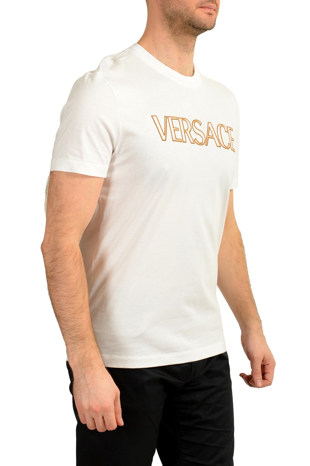 Versace Men’s White Logo Embroidered Crewneck Short Sleeve T-Shirt US XS IT 46