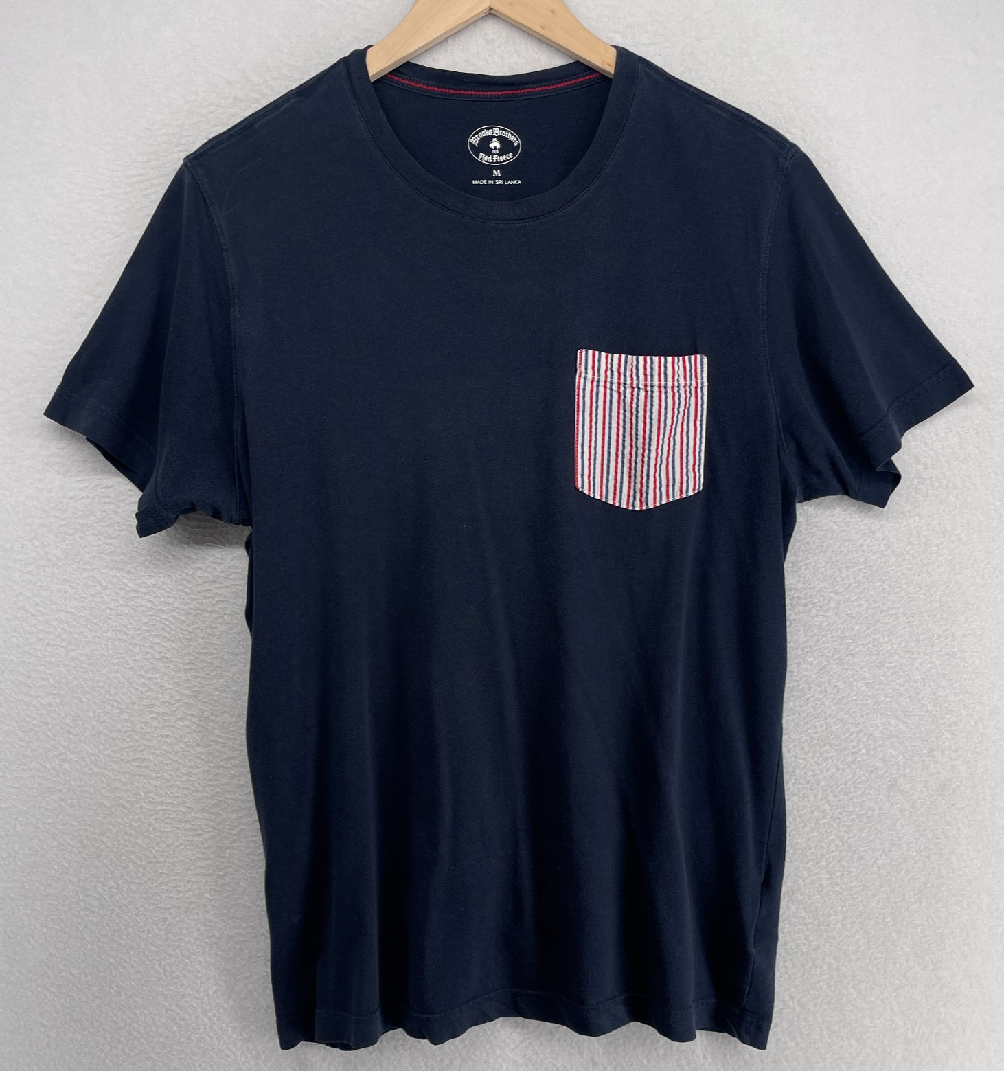 BROOKS BROTHERS Shirt Mens M RED FLEECE Contrast Striped Pocket Tee Cotton Blue