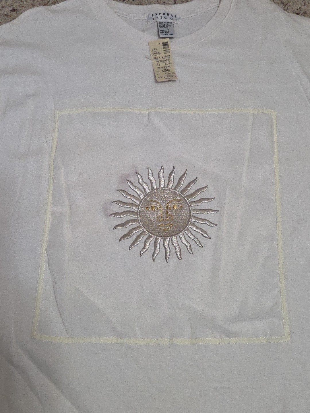Vtg New W/ Tags Express Tricot T-Shirt Size Large Single Stitch Embroidered Sun
