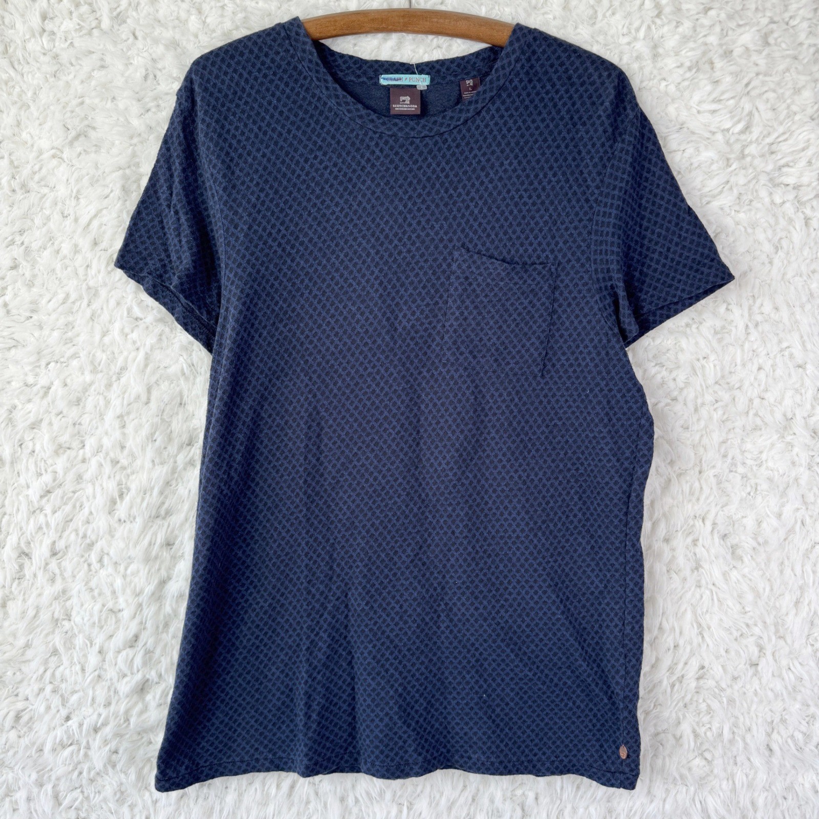 Scotch Soda Amsterdam Mens L Navy Blue Textured Diamond Pattern Pocket T Shirt