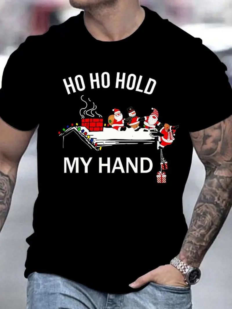 Funny Christmas T-Shirt – “Ho Ho Hold” Santa Claus & Elves Graphic