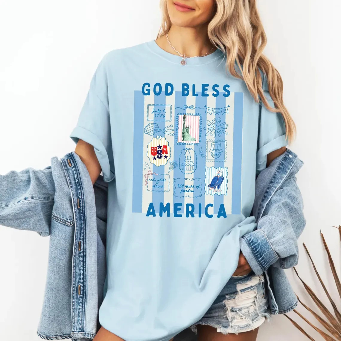 America 250th Anniversary Shirt Patriotic Light Blue Stripes Graphic Tee Women