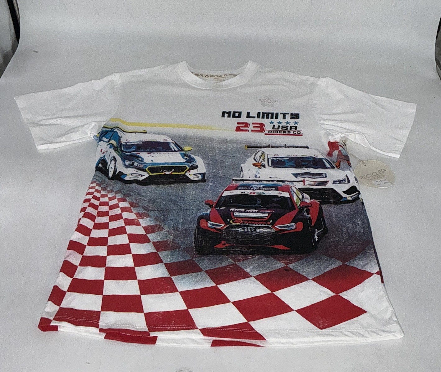 Race Car T Shirt Recycled Threads And Reusable Size Large New With Tags