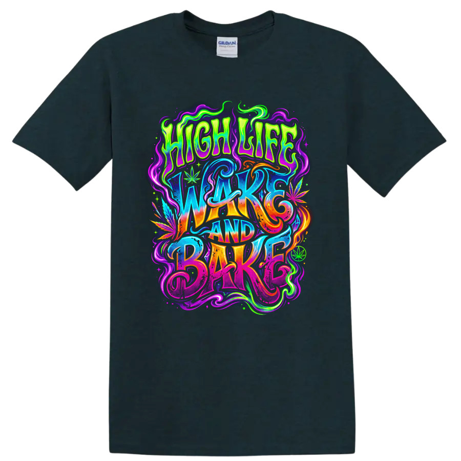 Cannabis Wake and Bake T Shirt Psychedelic Neon Leaf Graphic 420 Culture Tee
