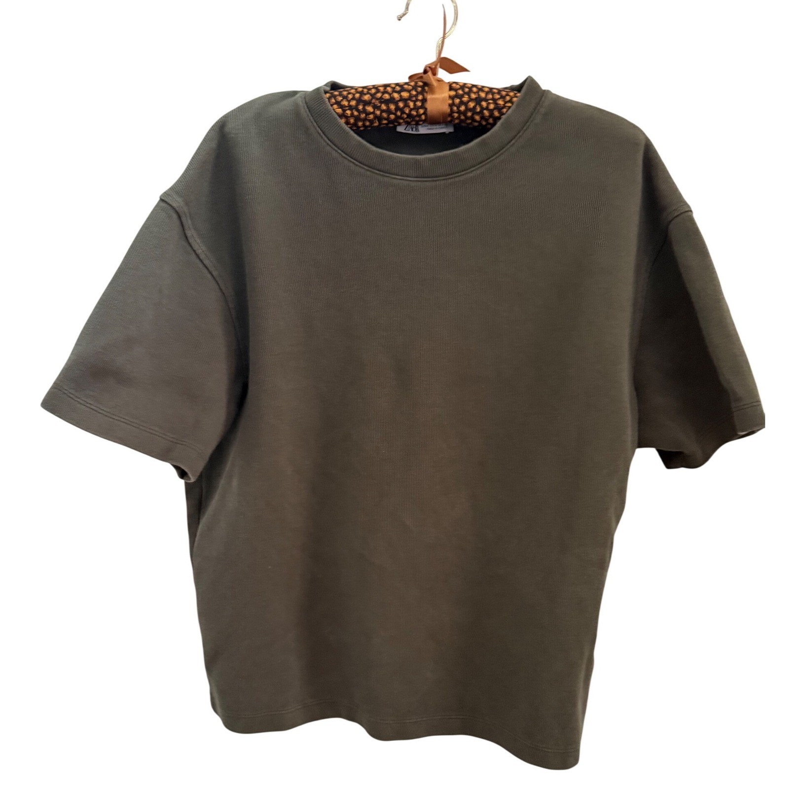 Zara Mens Olive Green Ribbed Cotton Short Sleeve T-Shirt Size Medium Relaxed Fit