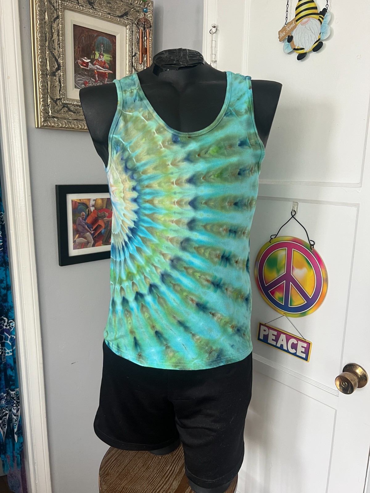 NEW Fan Fold Ice Tie Dye T-Shirt, Mens M Tank Top Turquoise & Sand