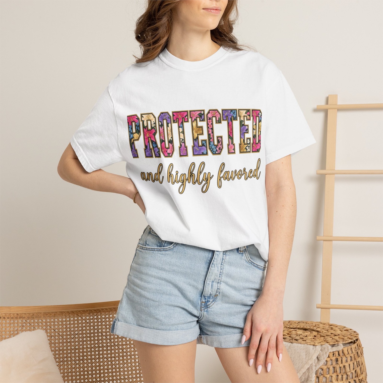 Protected and Highly Favored T-Shirt | Floral Pattern Text Tee