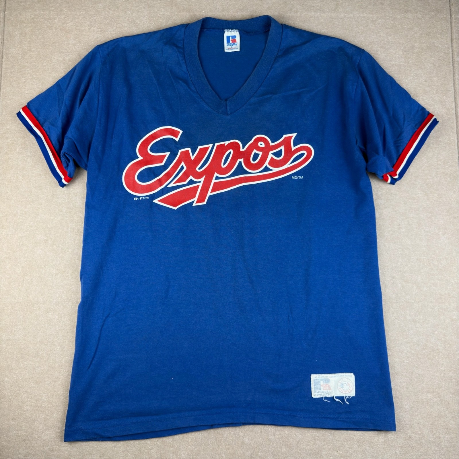 Vintage 1996 Montreal Expos V Neck T Shirt Adult L Blue MLB Sports Tee USA Made