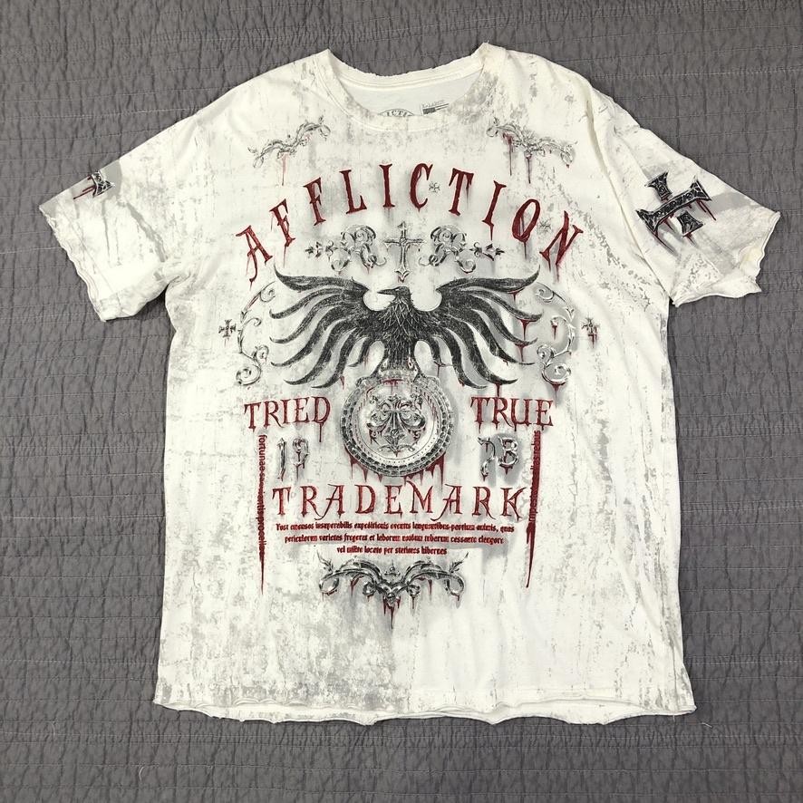 Affliction Shirt Men XL White Tried True Trademark Eagle Graphic Biker Red Foil