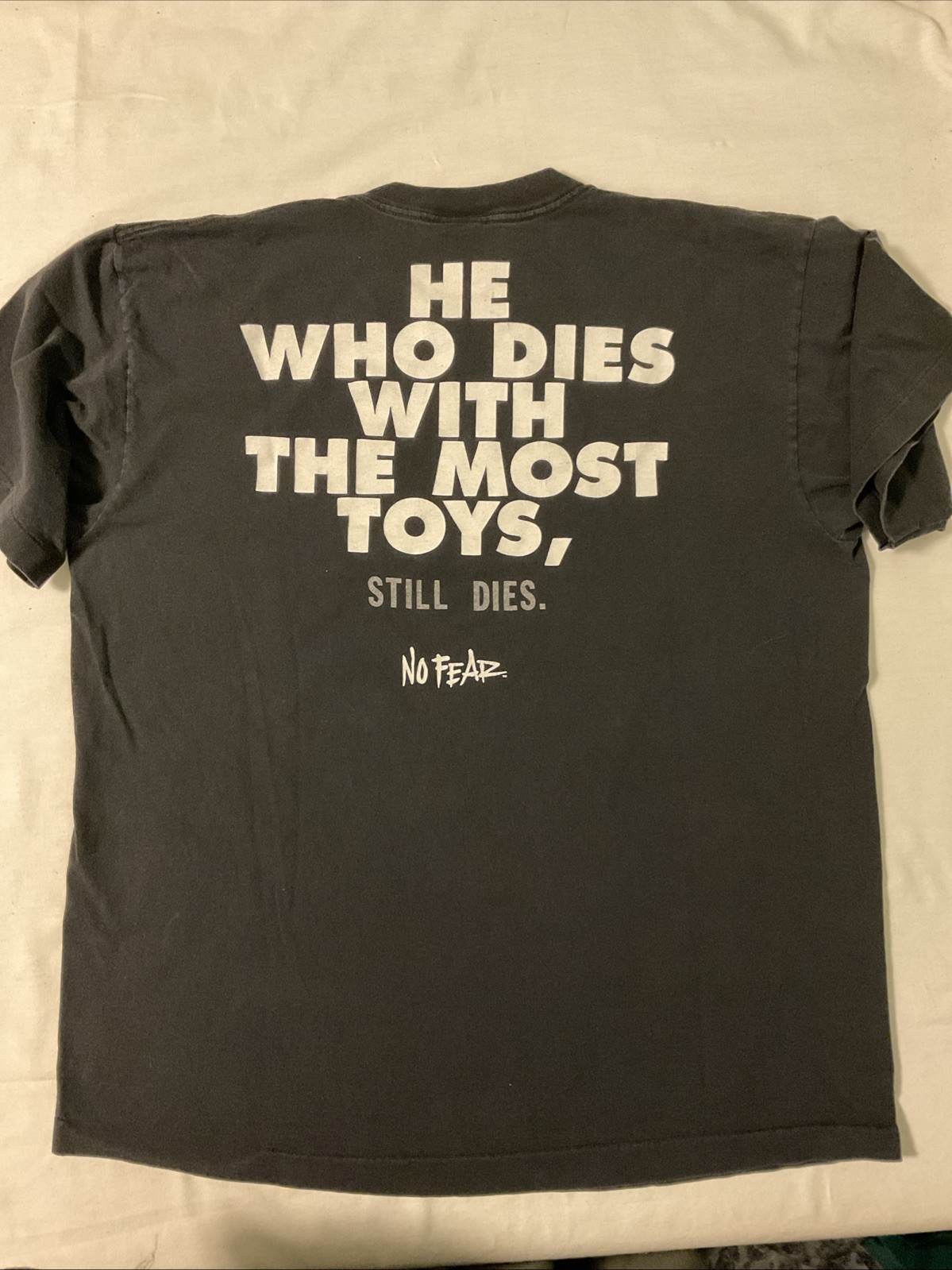 Vintage 90s NO FEAR Black Single Stitch T Shirt He Who Dies Mens XL USA Made