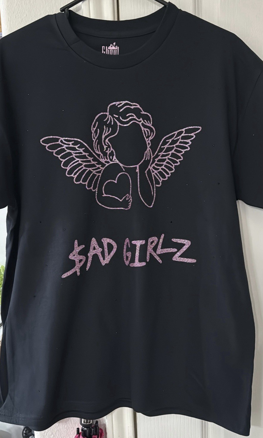 Junior H Sad Girlz Pink Htv Glitter with scattered black rhinestones Concert tee