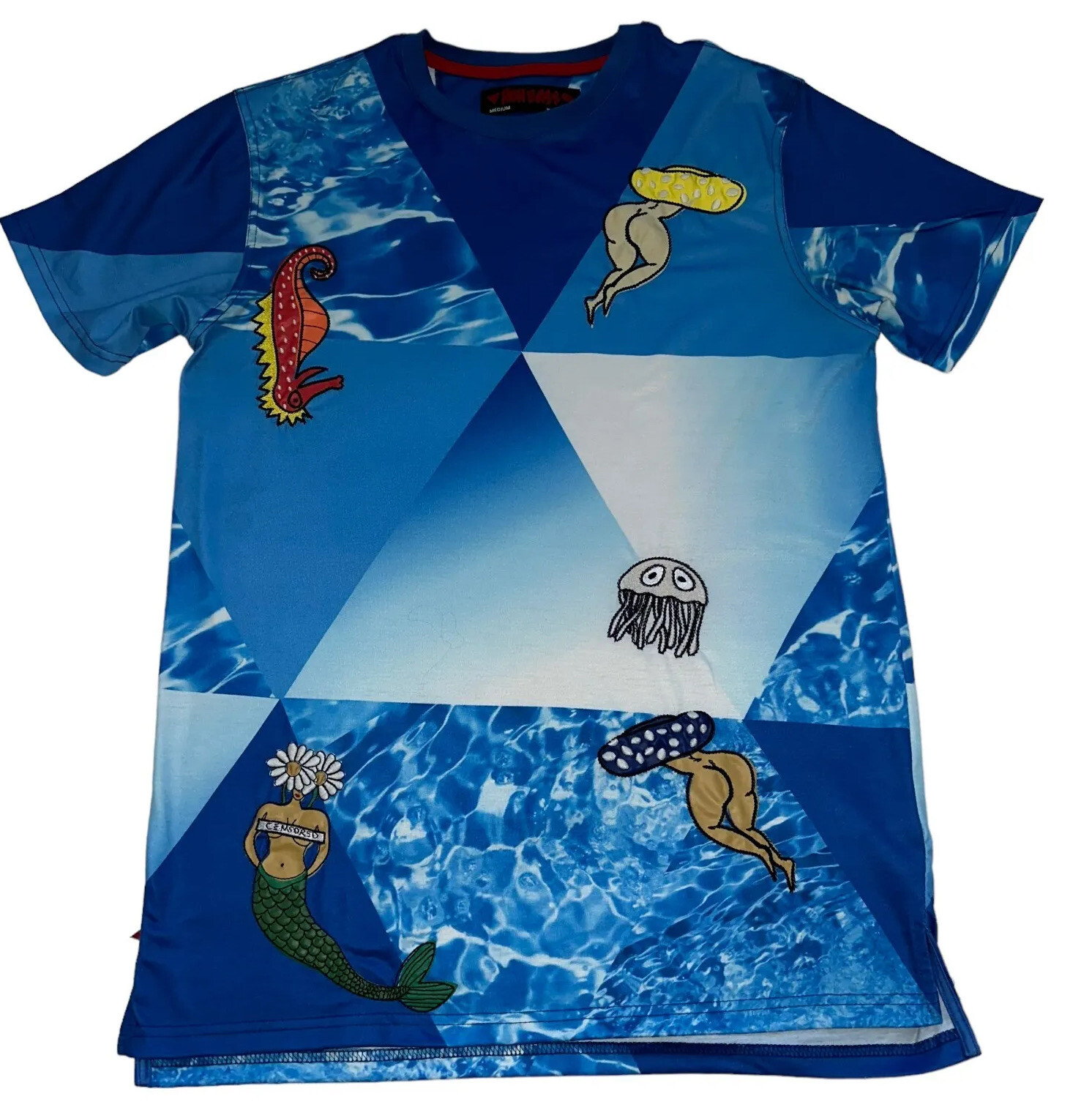 Ron Bass T- Shirt Mens Medium Blue Aquatic Print Mermaid Seahorse Woman Ocean