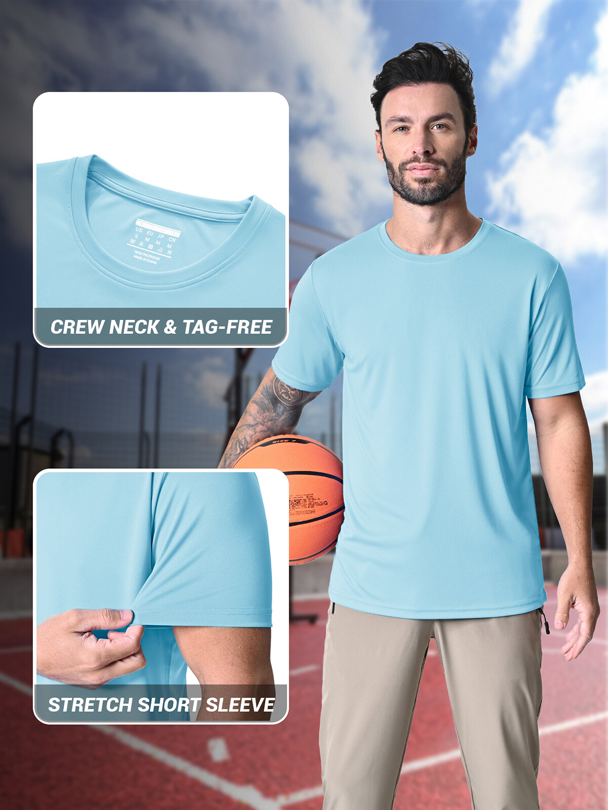 Men’s UPF50+ UV Shirts Short Sleeve Gym Quick Dry Shirts Sport Crew Neck Solid T
