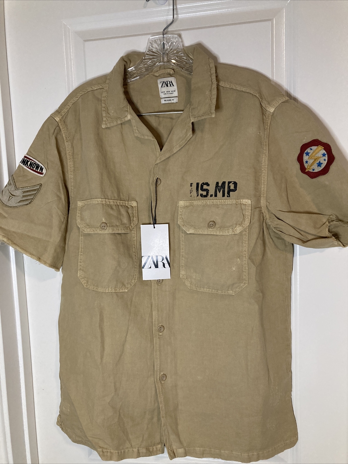 Zara Man NWT Patched Woven Button Linen Shirt Military Surplus Fatigue Sz Medium