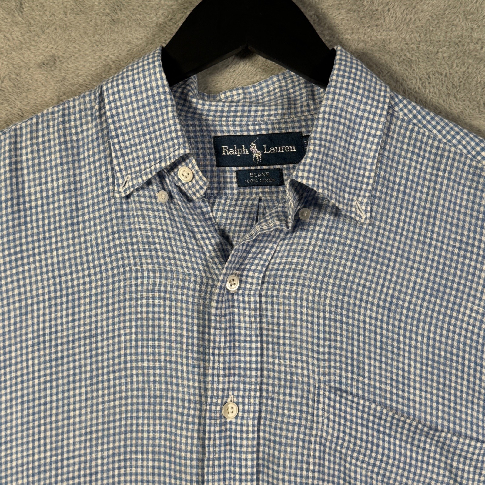 Ralph Lauren Blake Shirt Mens M Blue Gingham Check 100% Linen Button Down
