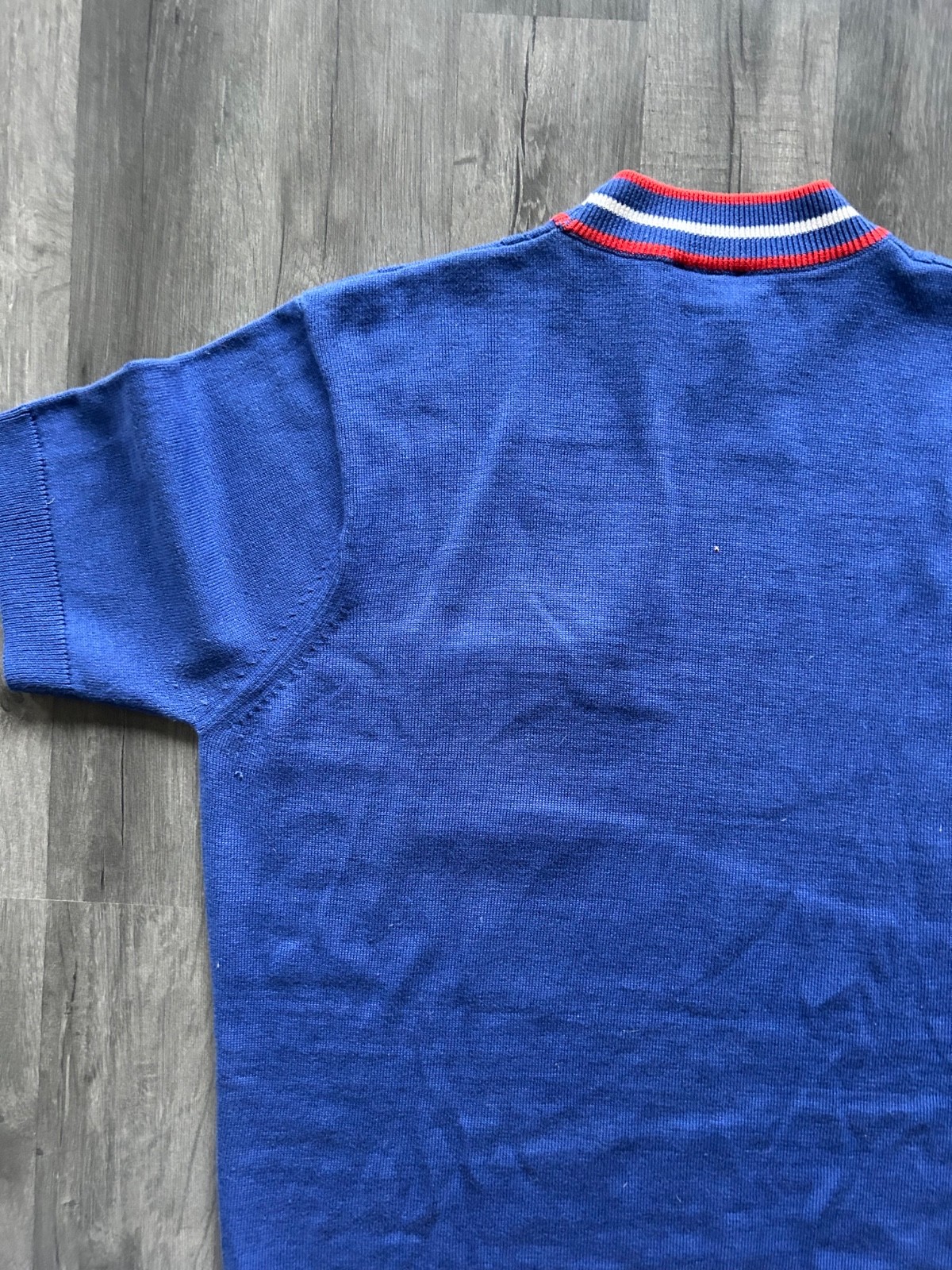 Gabicci Knit T Shirt Medium Blue Ringer High Round Neck Short Sleeve Pocket Tee