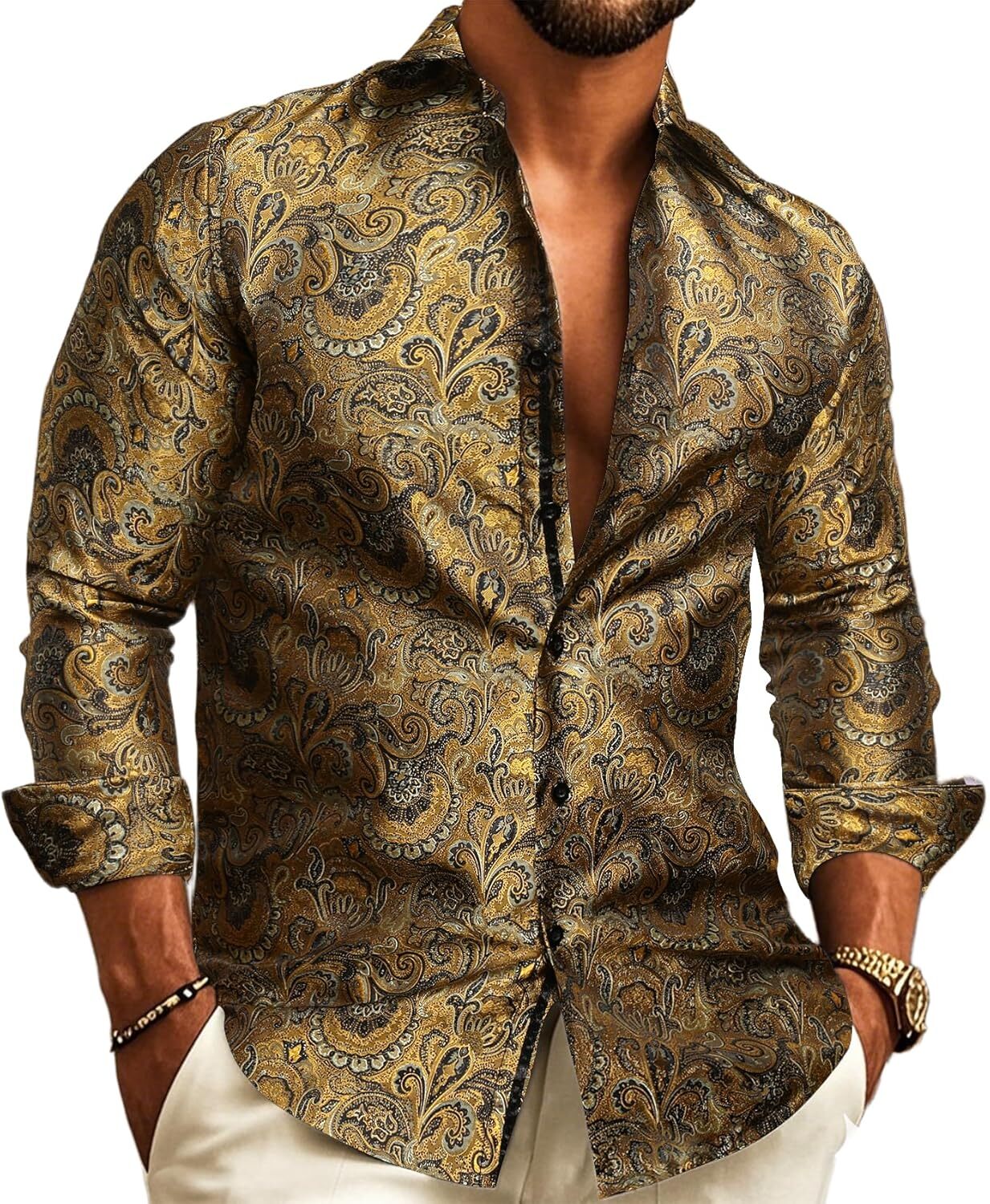Mens Silk Paisley Western Shirt Long Sleeve Button Down Cowboy Dress Top Casual