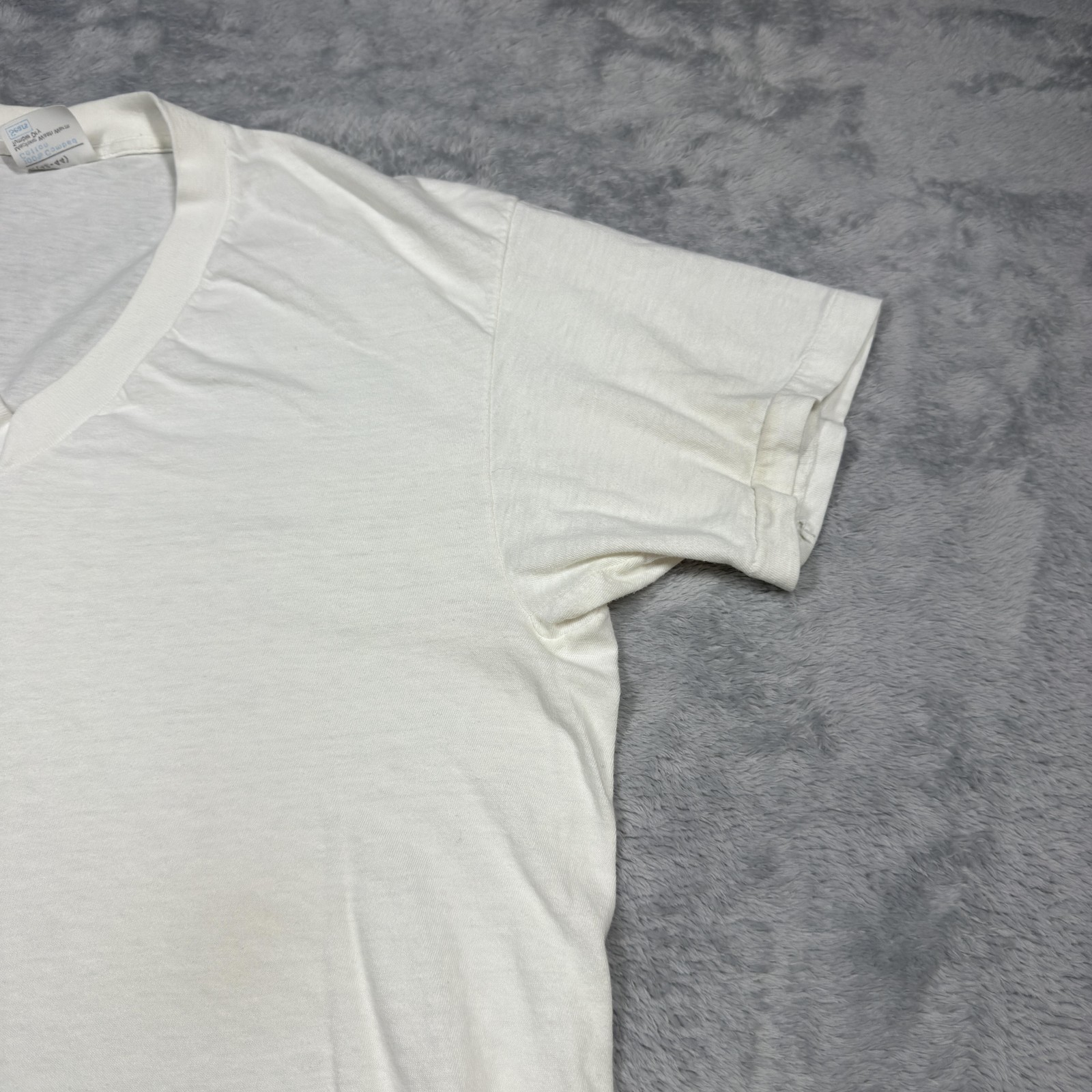 Vintage Sears Shirt Mens Large White V Neck Single Stitch Thin Stained 80s