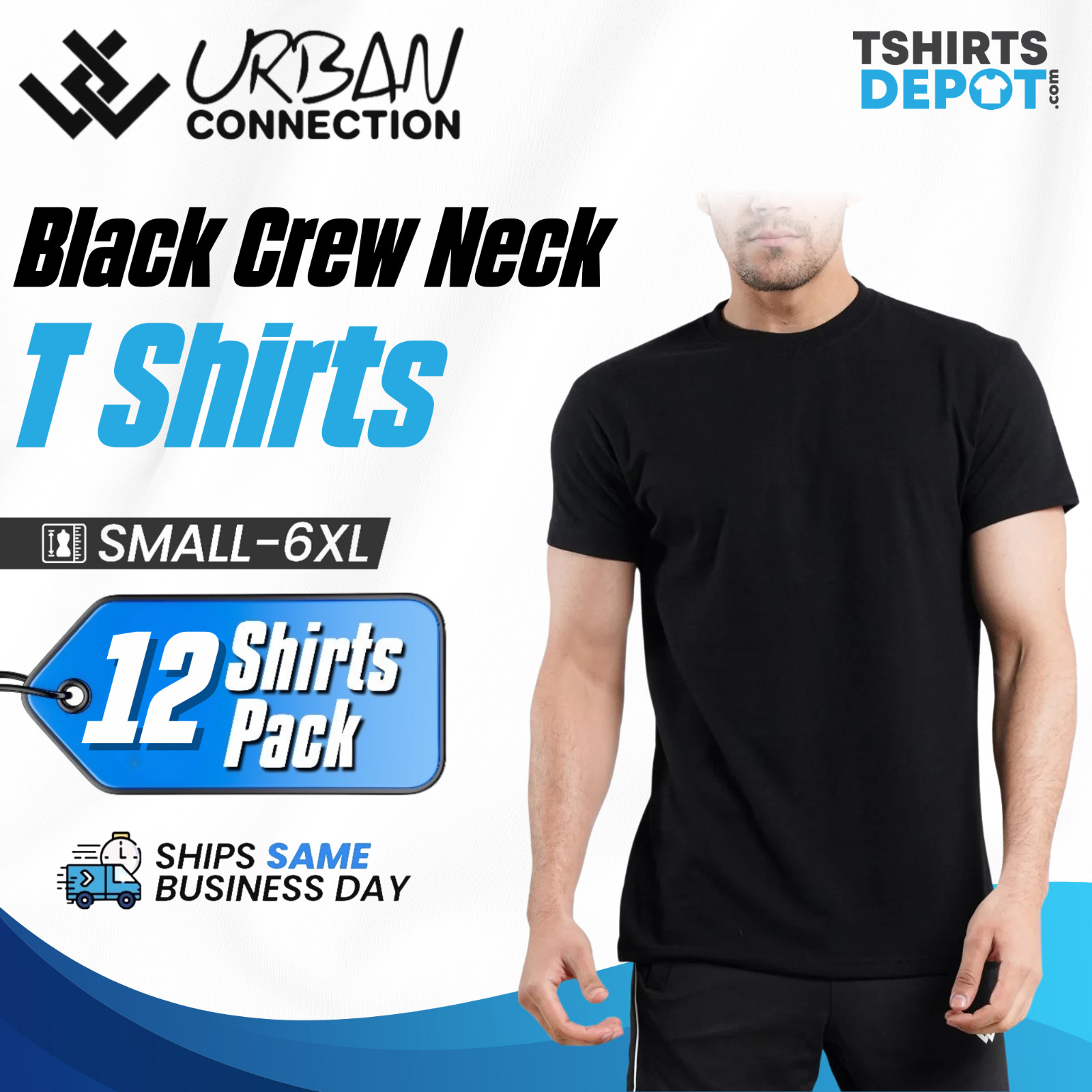 Pack of 12 Shirts | Black Crew Round Neck T-Shirt | Urban Connection | Small-6XL