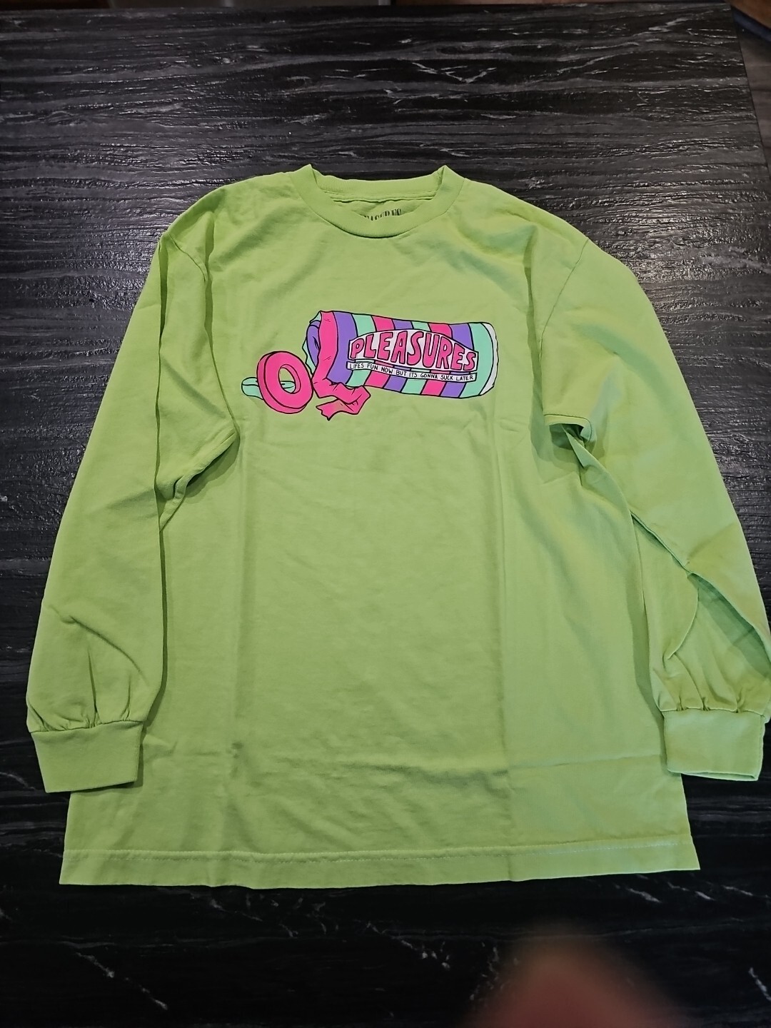 Small Pleasures Long Sleeve Life Savers Life Sucks Neon Green Tee