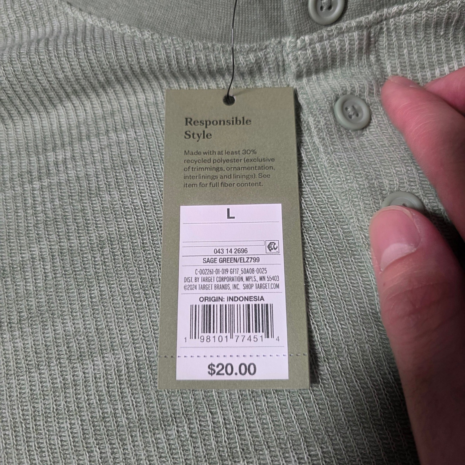 Goodfellow Mens L Henley Shirt Sage Green Long Slv Waffle Textured Cotton Blend
