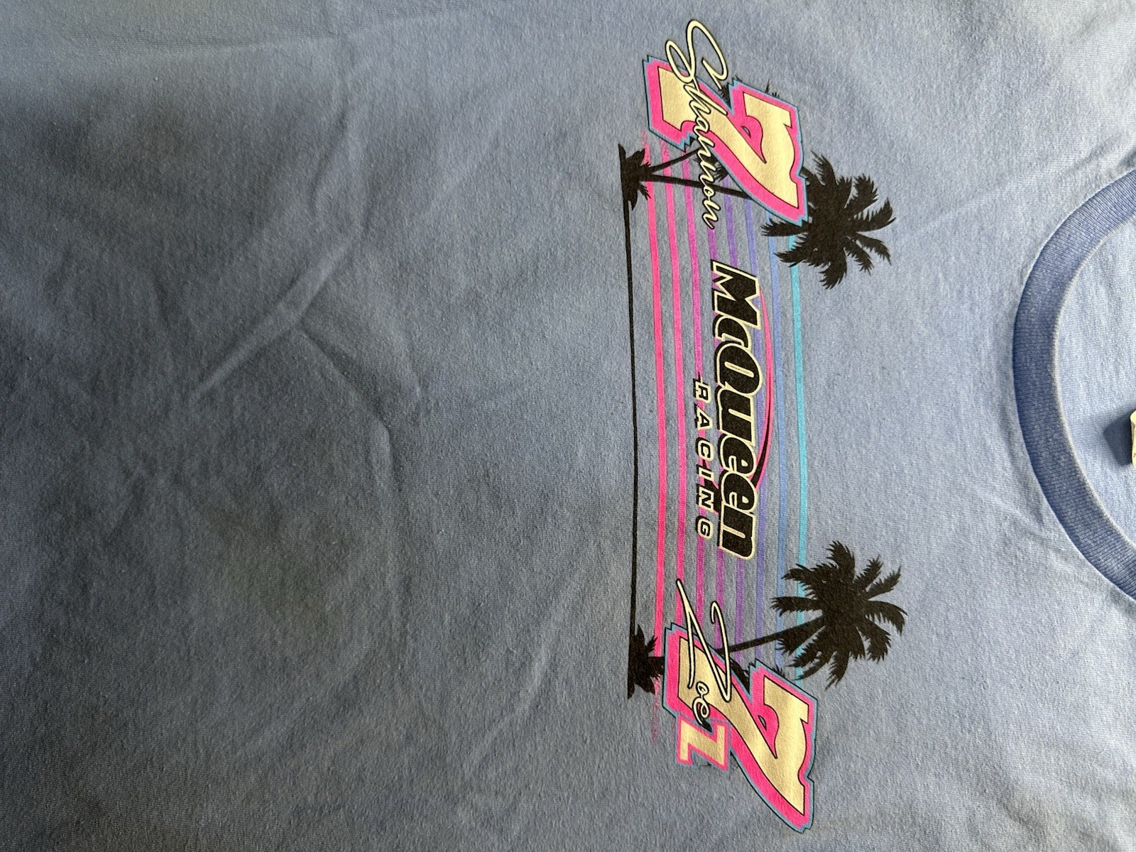 McQueen Racing Sprint Car Tee Large Blue Vaporwave Neon Racing Shirt Retro