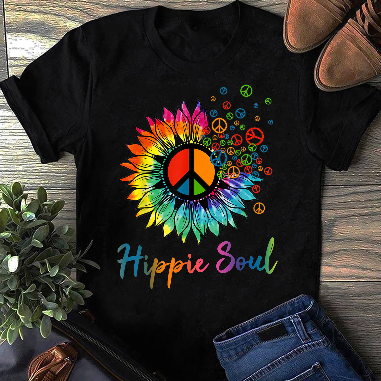 Vintage Hippie Soul T-Shirt 60s 70s Retro Daisy Flower Peace Sign Unisex Tee