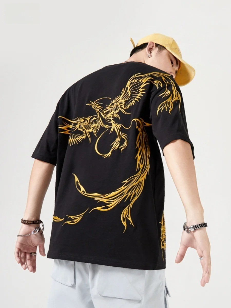 Men’s Premium Phoenix Embroidery Cotton T-Shirt Slim Fit Short Sleeve Tee