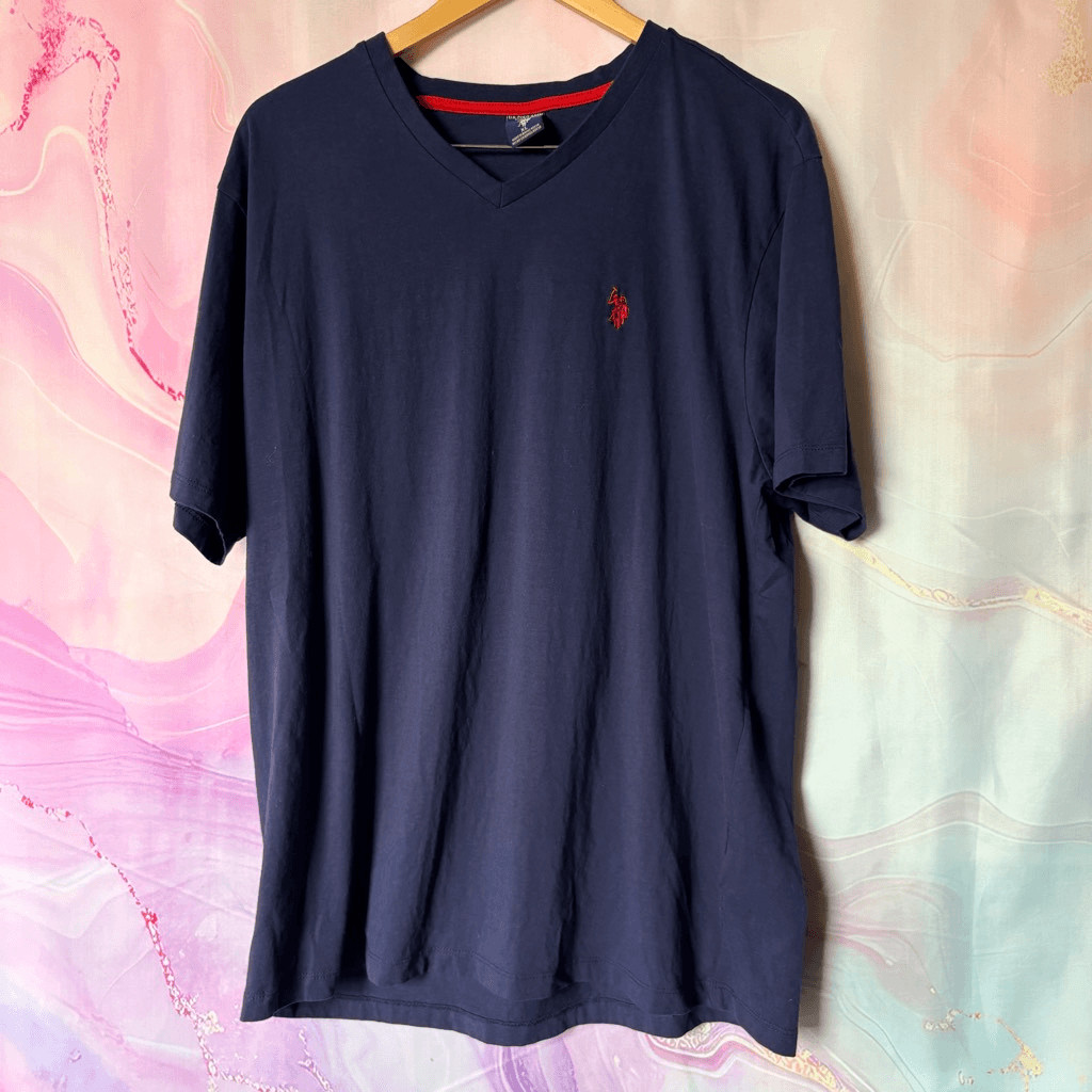 U.S. Polo Assn XL Navy Blue Short Sleeve Tee V-neck Shirt Preppy Casual Sporty