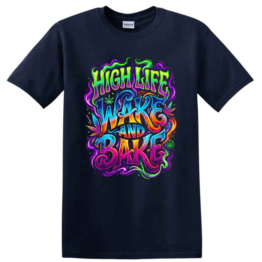 Cannabis Wake and Bake T Shirt Psychedelic Neon Leaf Graphic 420 Culture Tee