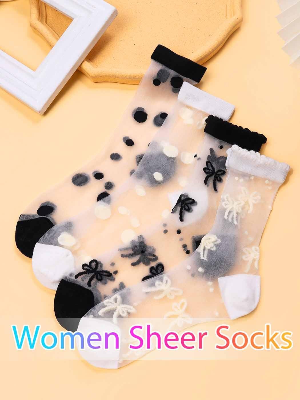 Womens Sheer Ankle Socks Polka Dot Bow Pattern 4 Pairs Black White