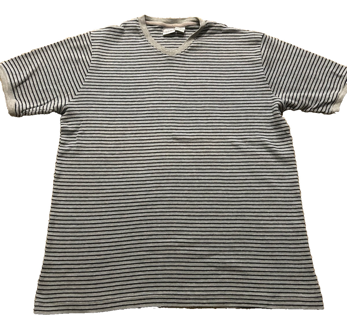 Vintage Utility Wear Knit V Neck Mens Blue and Gray Striped Ribbed Shirt Sz L