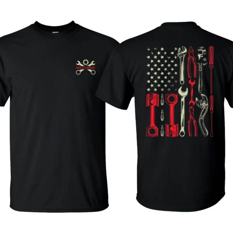 American Flag Mechanic Tools Wrench Piston Gear Patriotic Garage Shirt