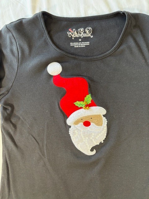 Women’s M Black T-shirt Santa Claus with Jingle Bells Embroidered by Nouveaux
