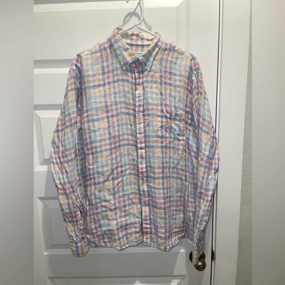 Peter Millar 100% linen striped checkered long sleeves men shirt L