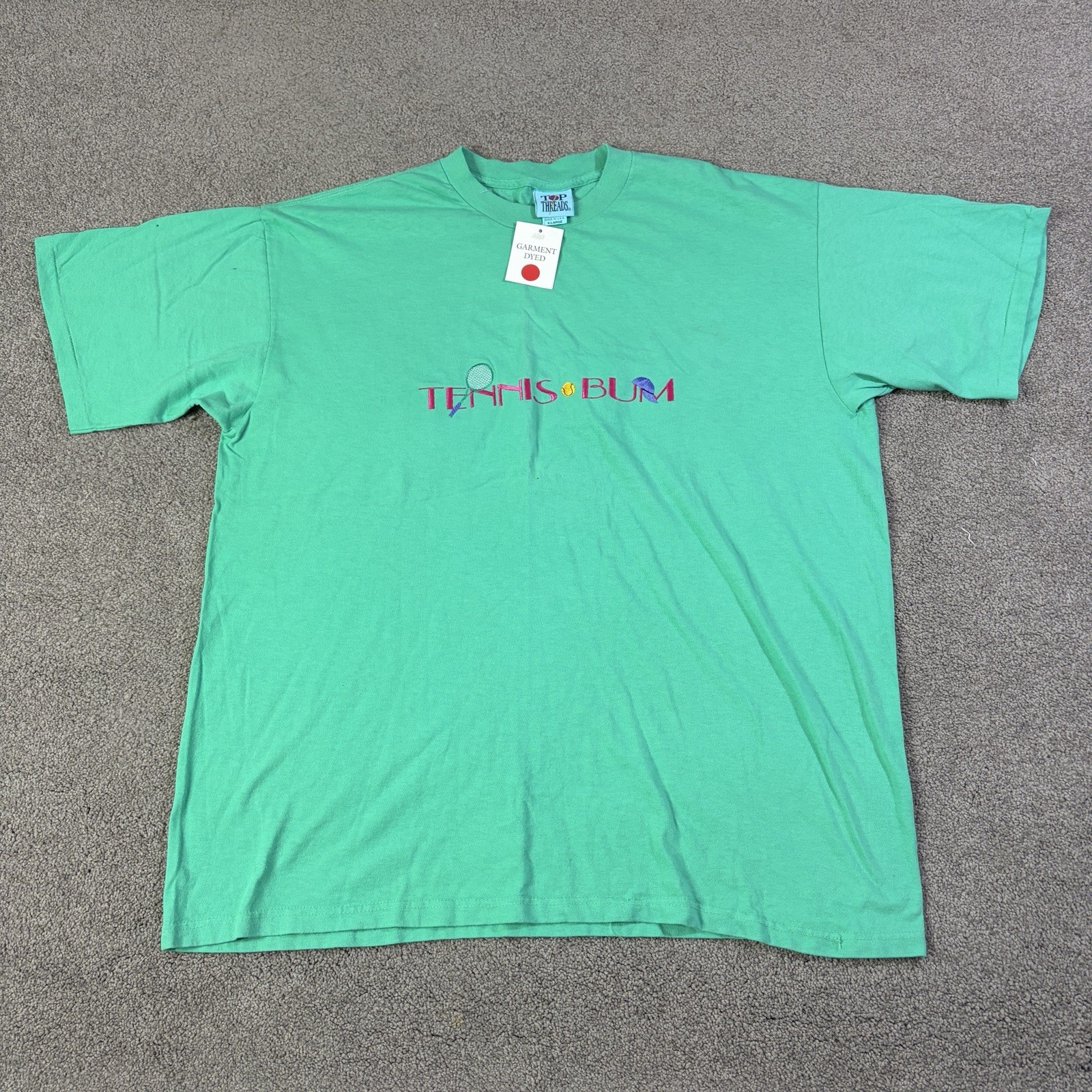 VTG Top Threads Tennis Bum T Shirt XL Single Stitch Garment Dyed Embroidered NOS