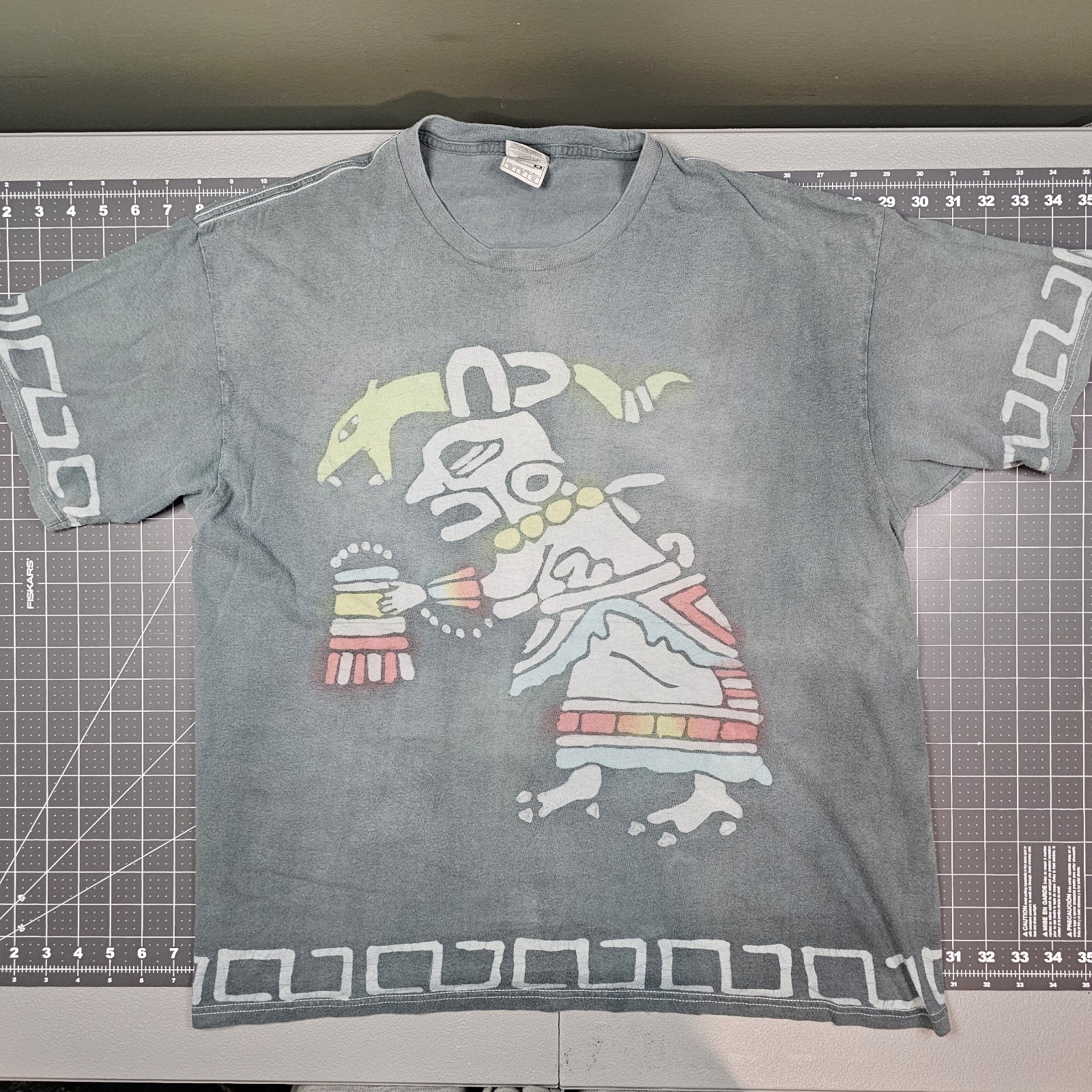 Vintage Mayan Tshirt Large Gray AOP 90s Y2K Aztec Native Streetwear Skater