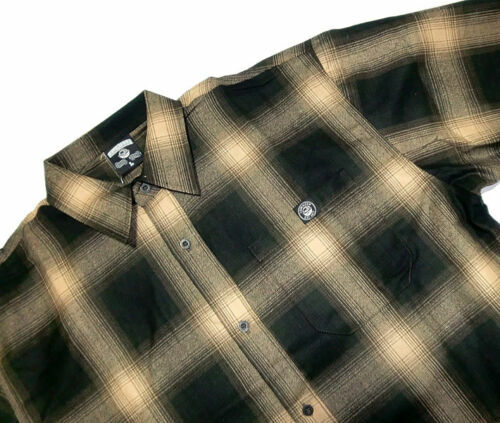 Brown Veterano Long Sleeve Men’s Plaid Flannel Shirt Lowrider Cholo Chicano Rap