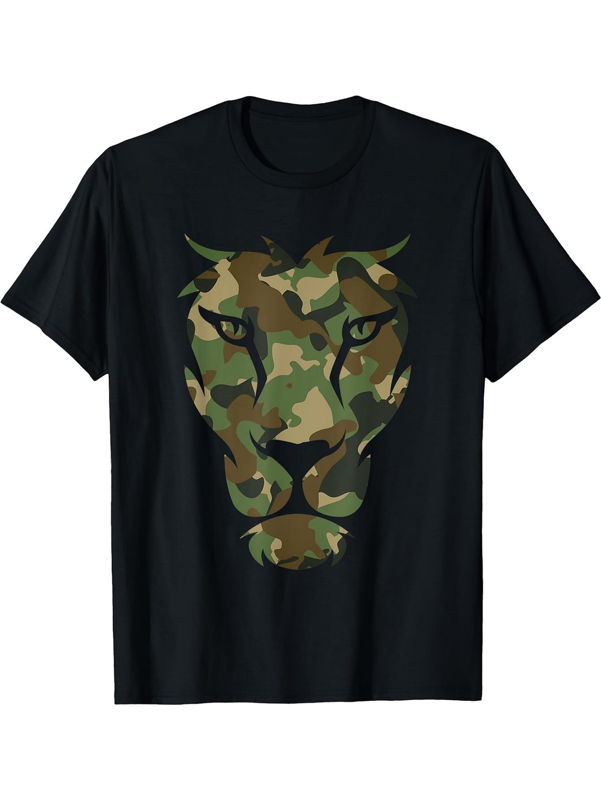 Camo Lion Head Graphic T-Shirt Military Camouflage Animal Print Tee