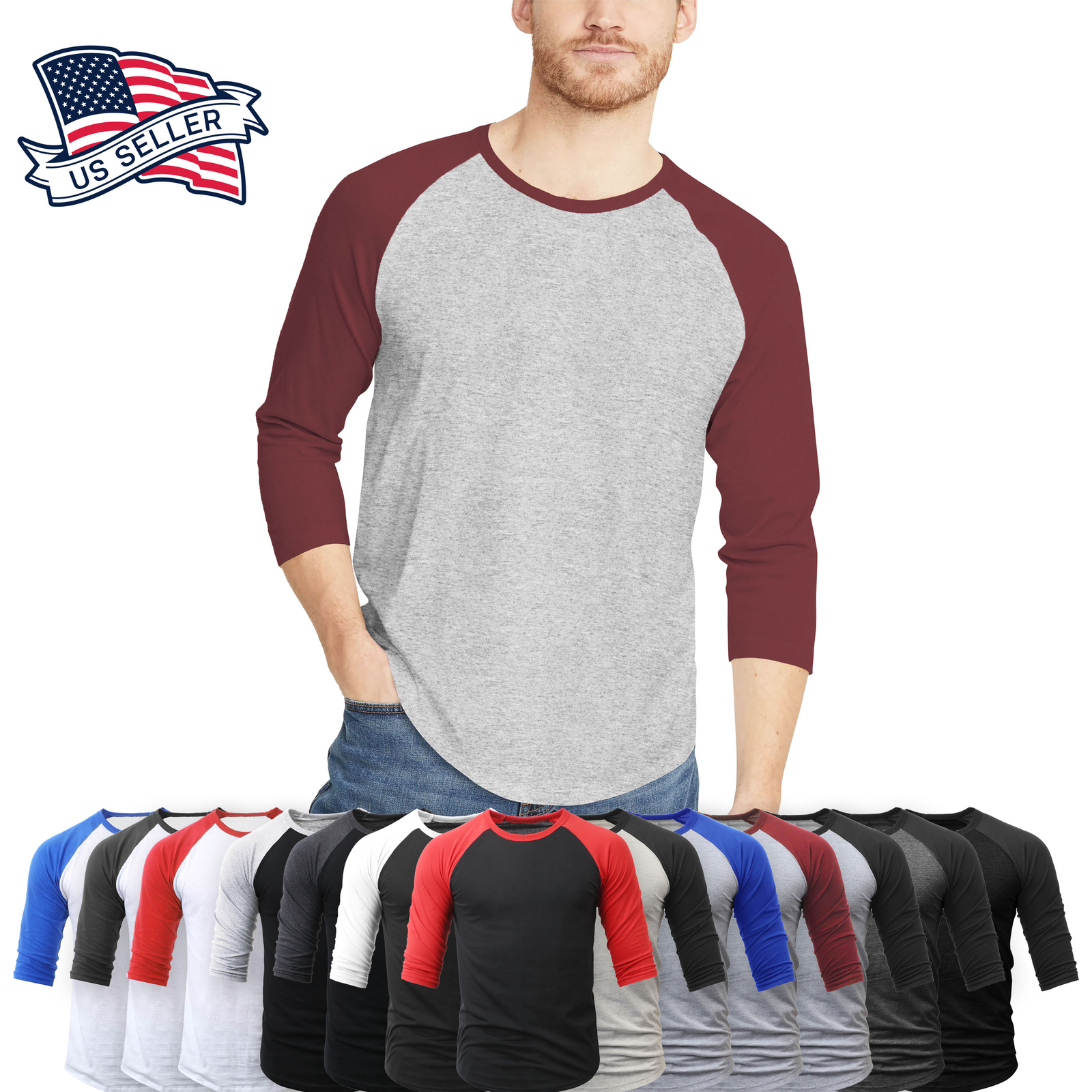 Mens Raglan T Shirts Baseball Plain Tee Jersey Team Sports 3/4 Sleeve Casual