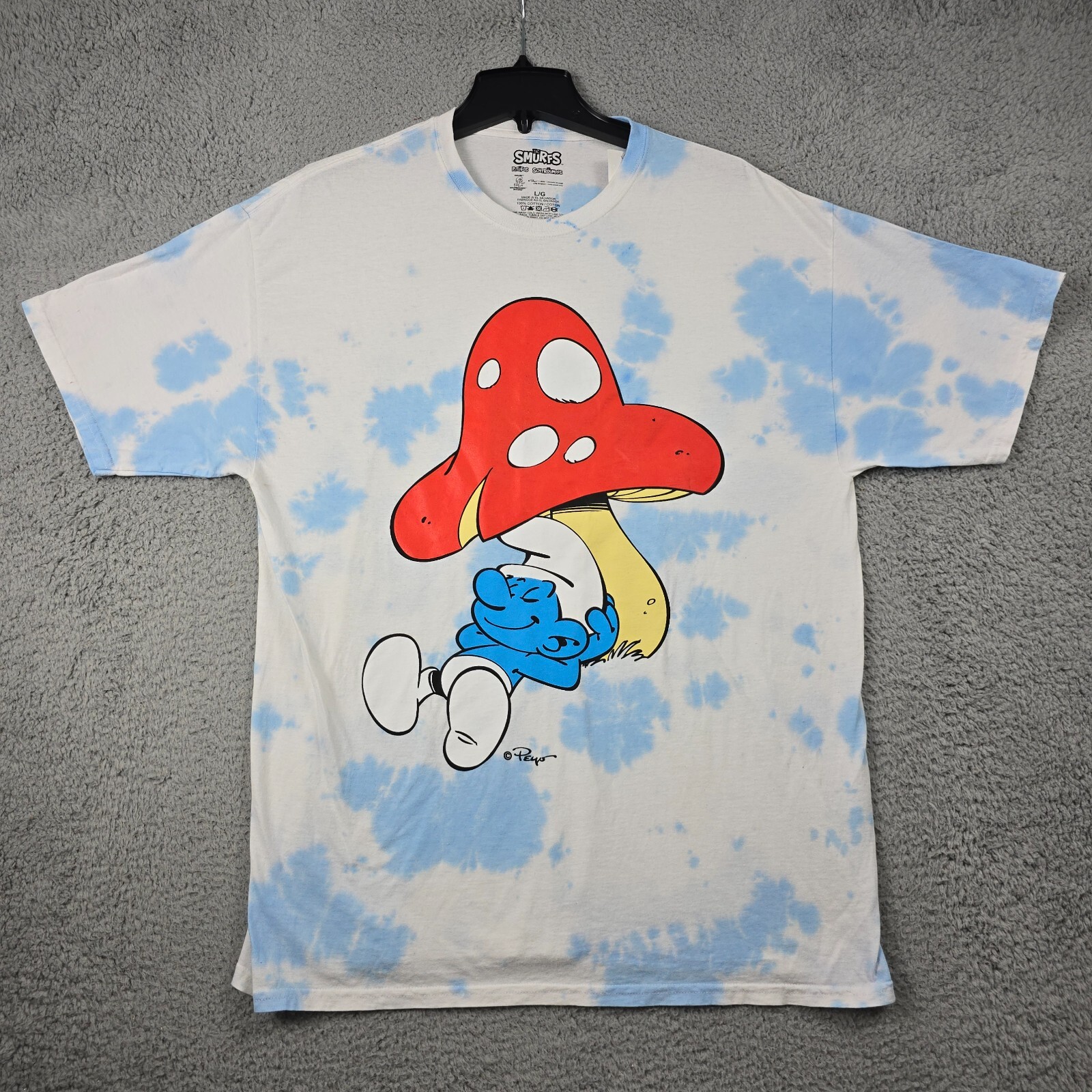 Smurfs Tie Dye Shirt Mens Large L Blue White Retro Mushroom Cartoon Casual NWT