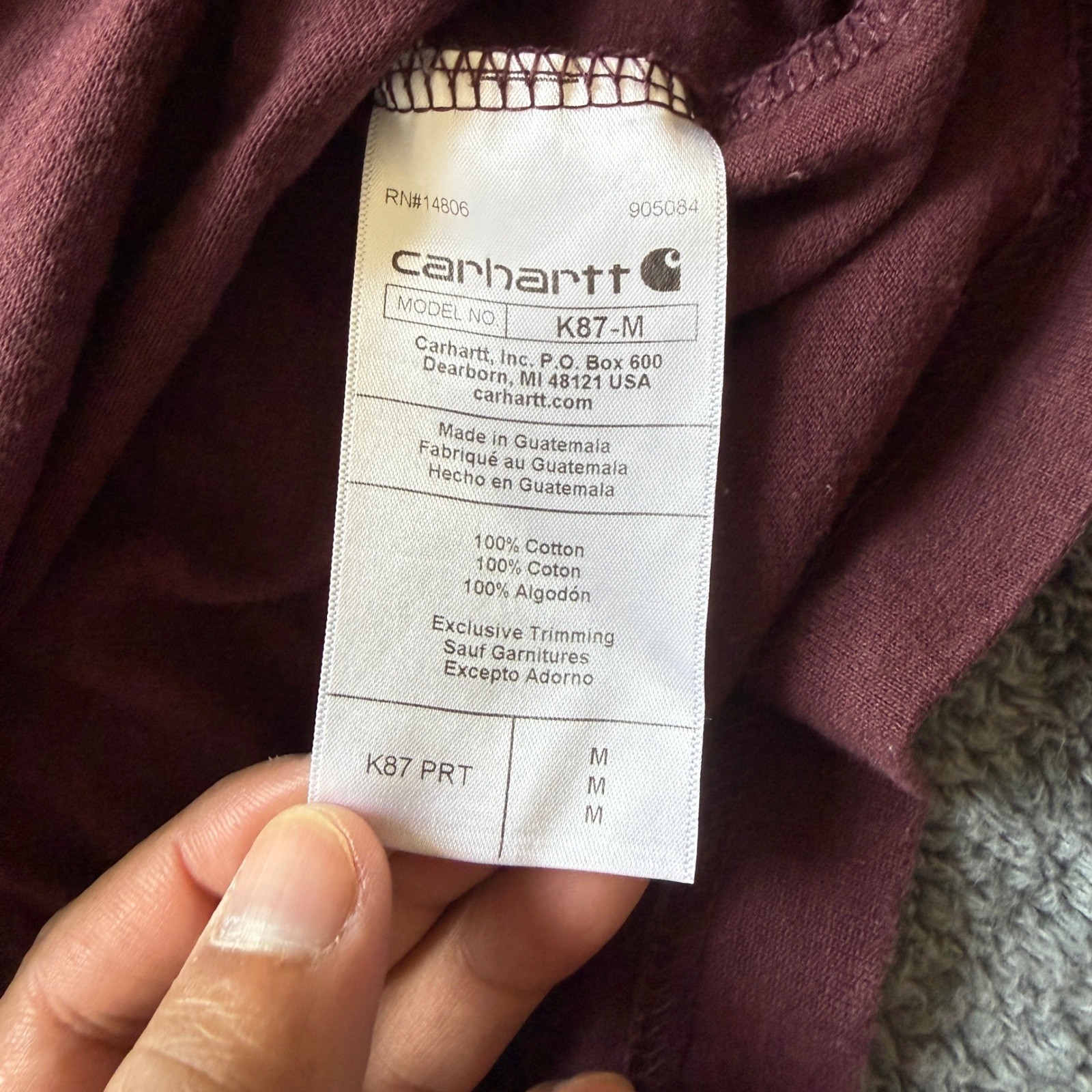 Carhartt K87 Mens Loose Fit Pocket T-Shirt Maroon Burgundy Cotton Size M
