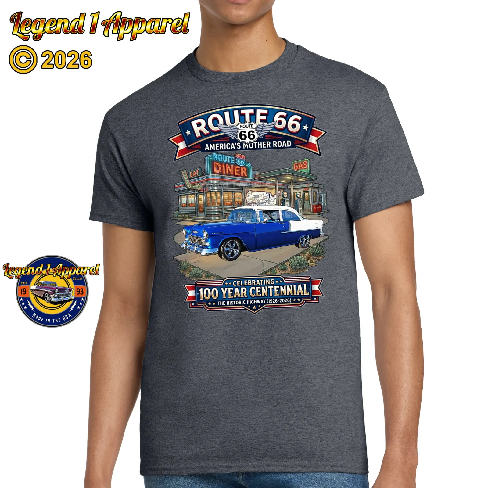 Route 66 100 Year Centennial, 1955 Chevrolet Bel Air Coupe T-Shirt