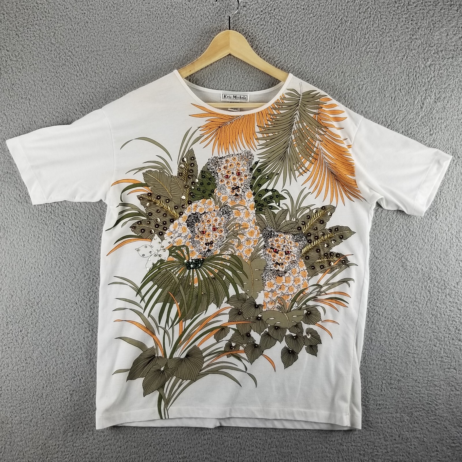 Vintage Leopard T-Shirt Adult XL Actual White Beaded Jeweled Big Cat Tee Nature