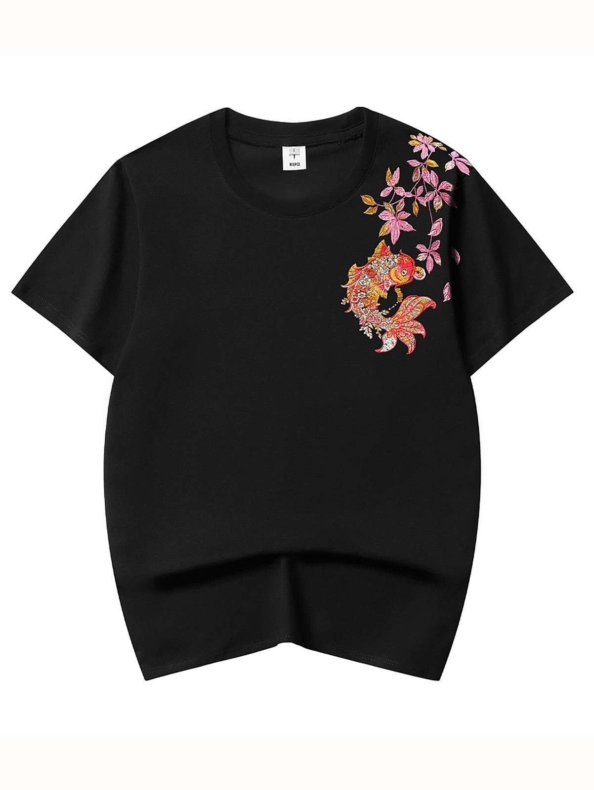 Niepce Men’s Floral Koi Fish Embroidery Tee Japanese Streetwear T-Shirt