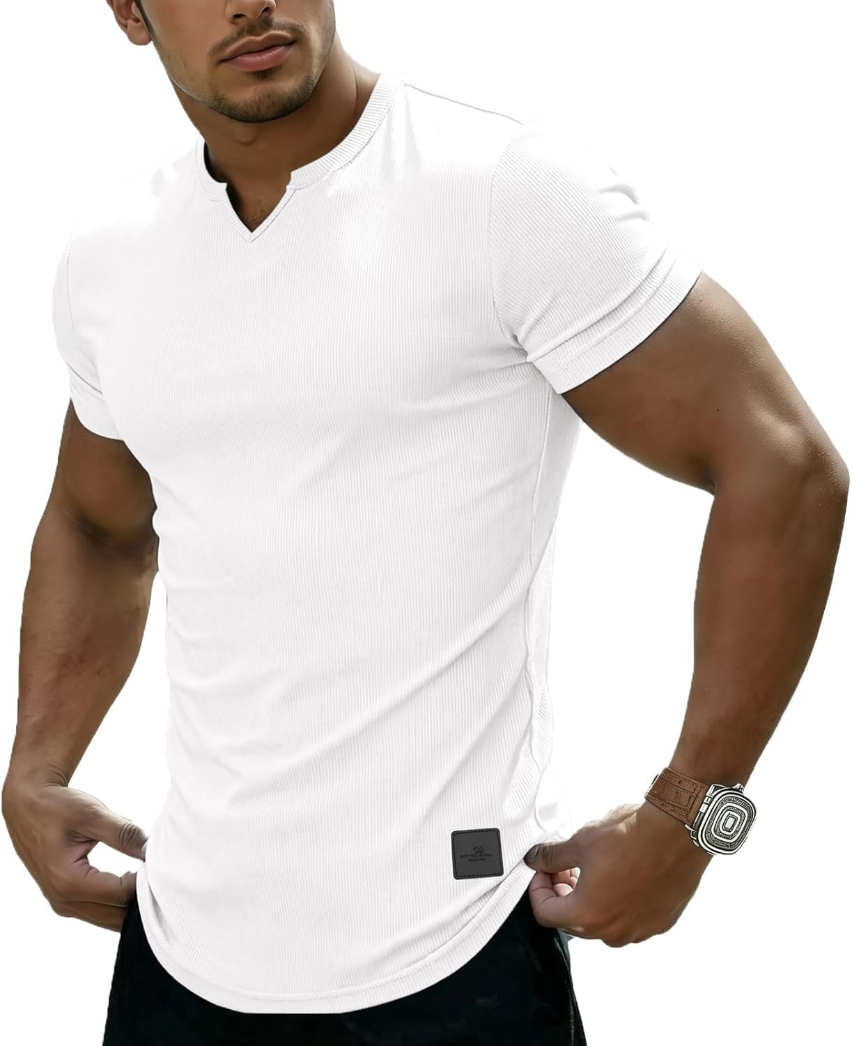 Muscle Fit V Neck T Shirt Men Casual Ribbed Short Sleeve Longline Henley S