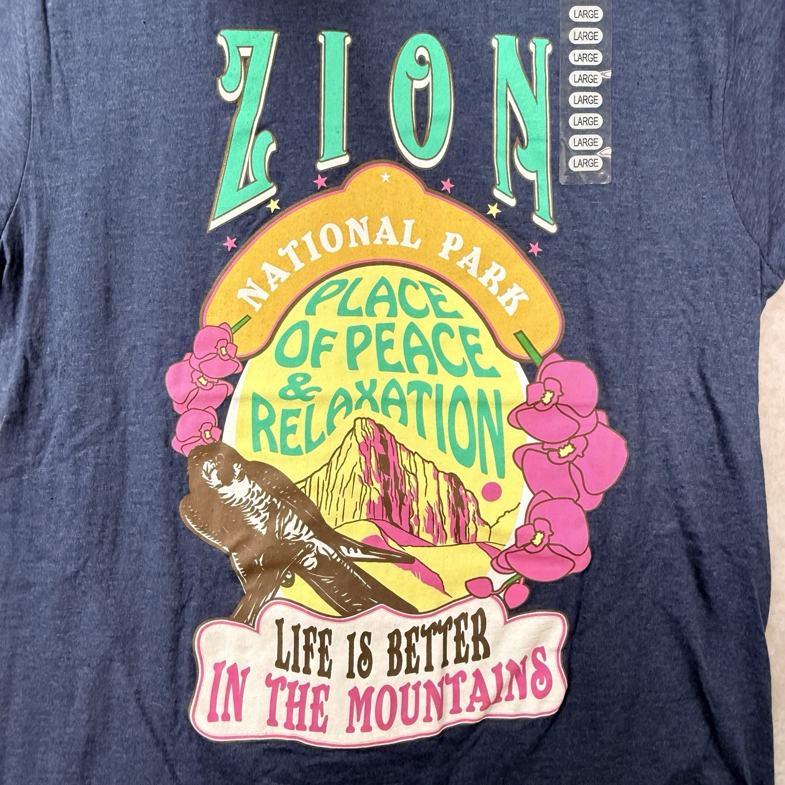 Zion National Park Utah Life is Better in the Mountains Blue T Shirt NWT Size L