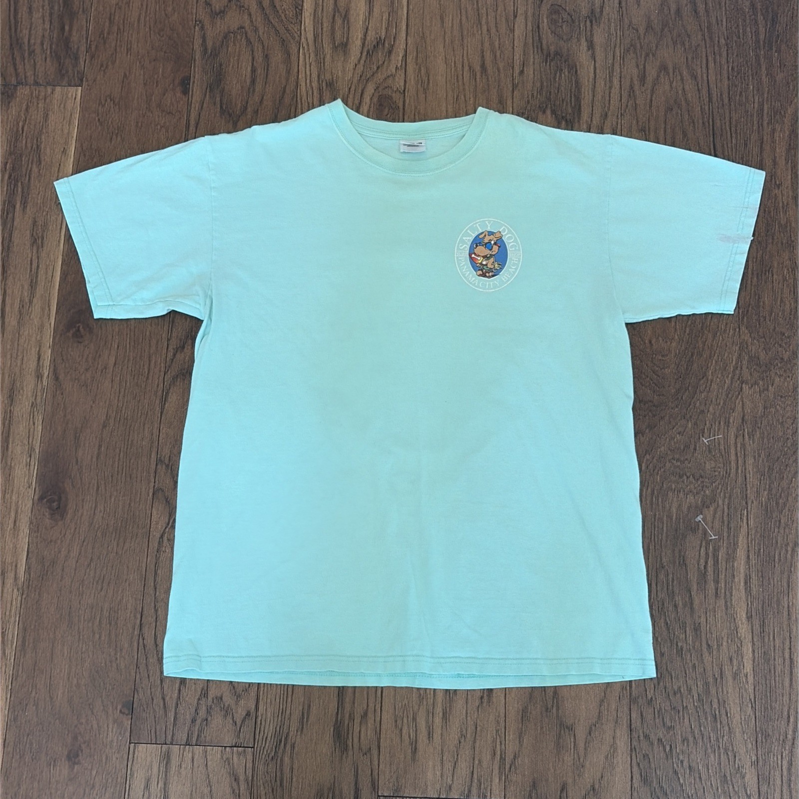 90s Y2K Vintage Salty Dog T-Shirt Turquoise Size Large Mens Panama City Anvil