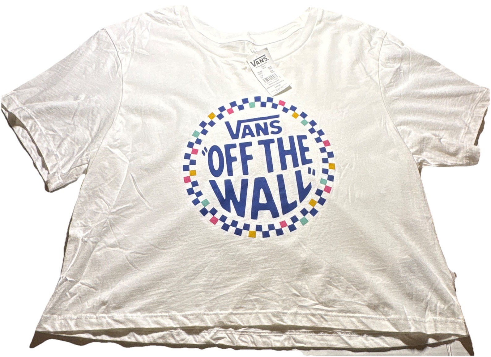 NWT VANS Off The Wall Women’s White Party Logo Graphic Crop Tshirt Size L