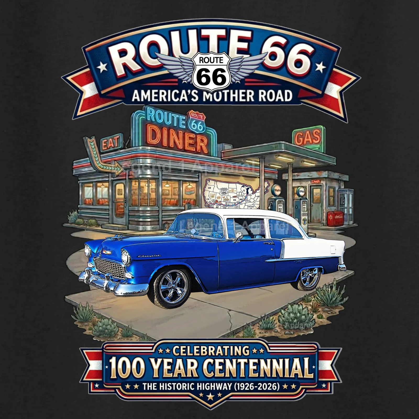 Route 66 100 Year Centennial, 1955 Chevrolet Bel Air Coupe T-Shirt